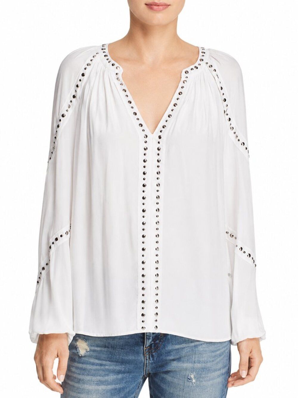 Ramy Brook Gilda Studded Silk Blouse Women S White Boho Glam Party Office Chic